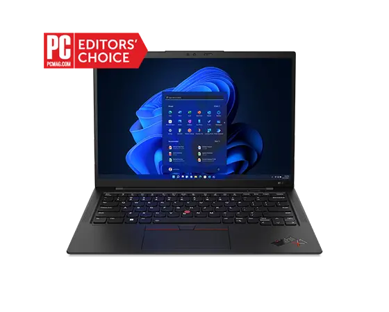 Laptop with a blue screen and 'PC Mag Editors' Choice' badge on a white background